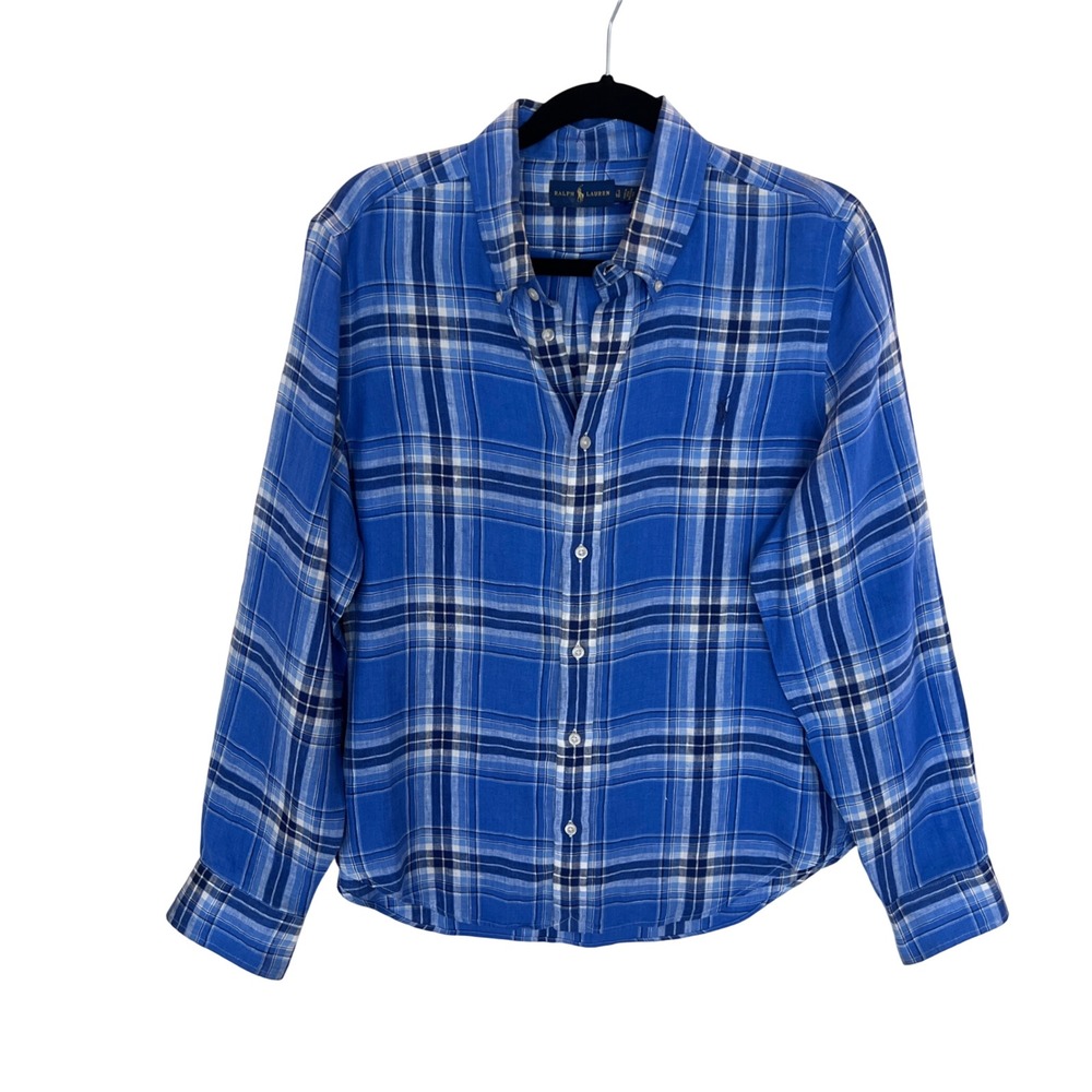 Ralph Lauren Mens XL Blue Plaid 100% Linen Long Sleeve Button Down Shirt  READ